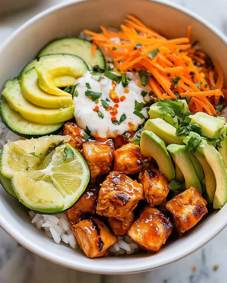Hot Honey Chicken Rice Bowls with Healthy Ranch Drizzle Recipe