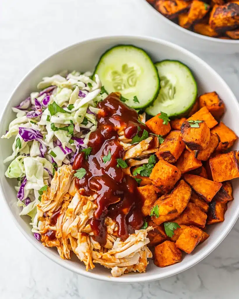 BBQ Chicken Bowls with Sweet Potatoes, Coleslaw, and Pickles Recipe