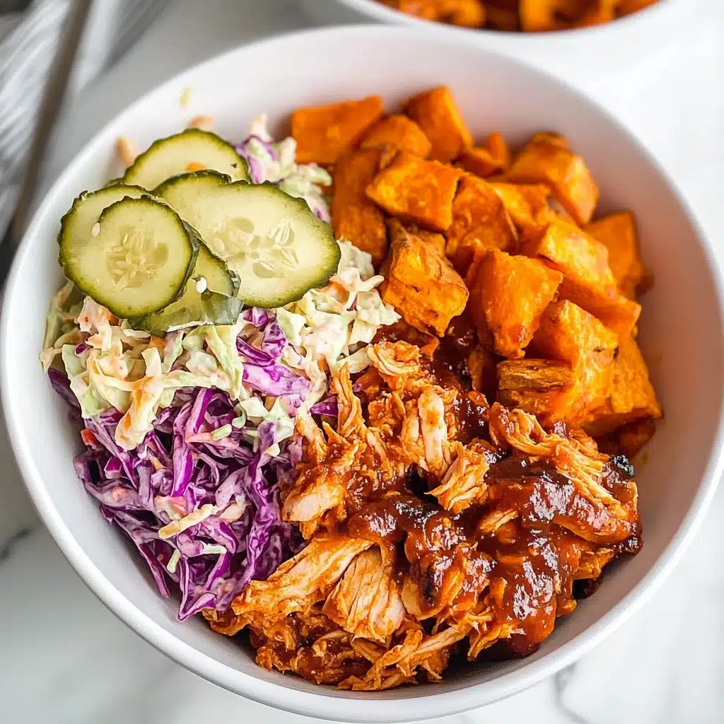 BBQ Chicken Bowls with Sweet Potatoes, Coleslaw, and Pickles Recipe - Recipe Image