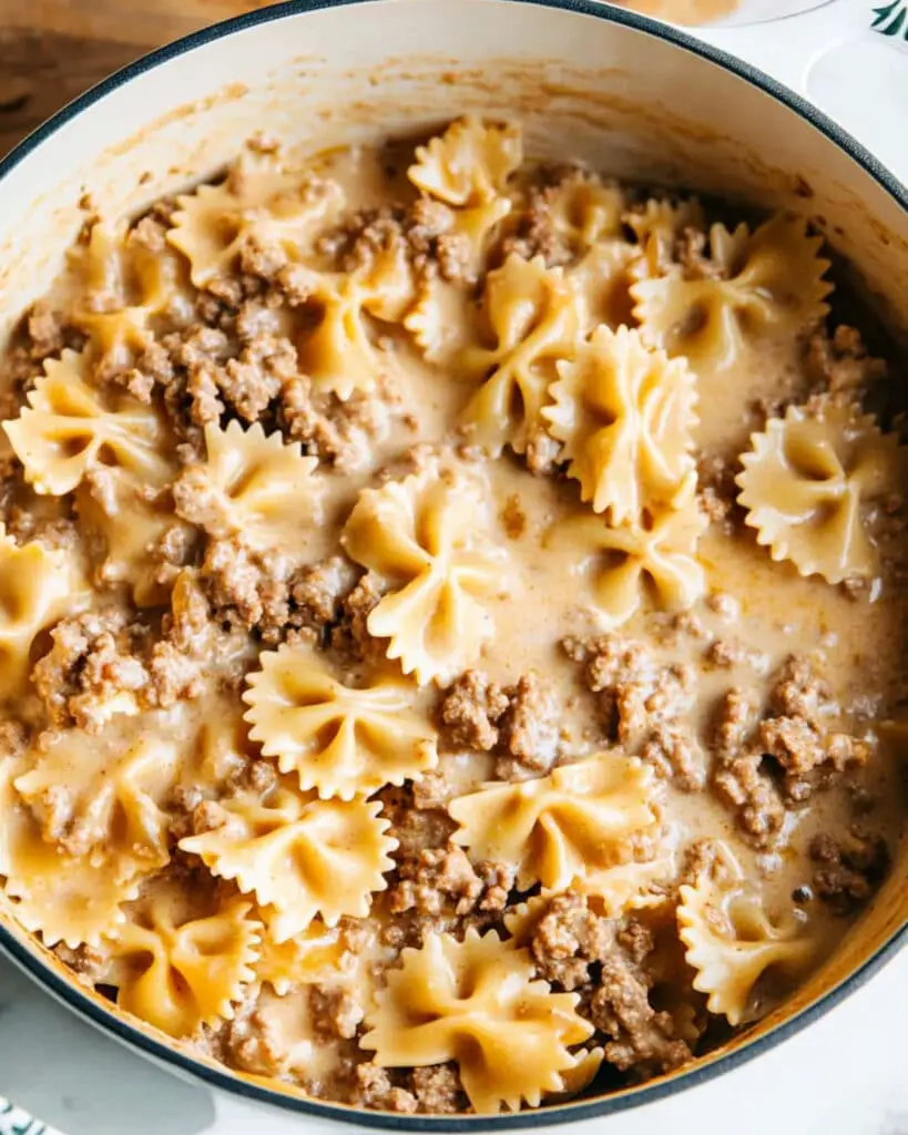 creamy beef and bowtie pasta