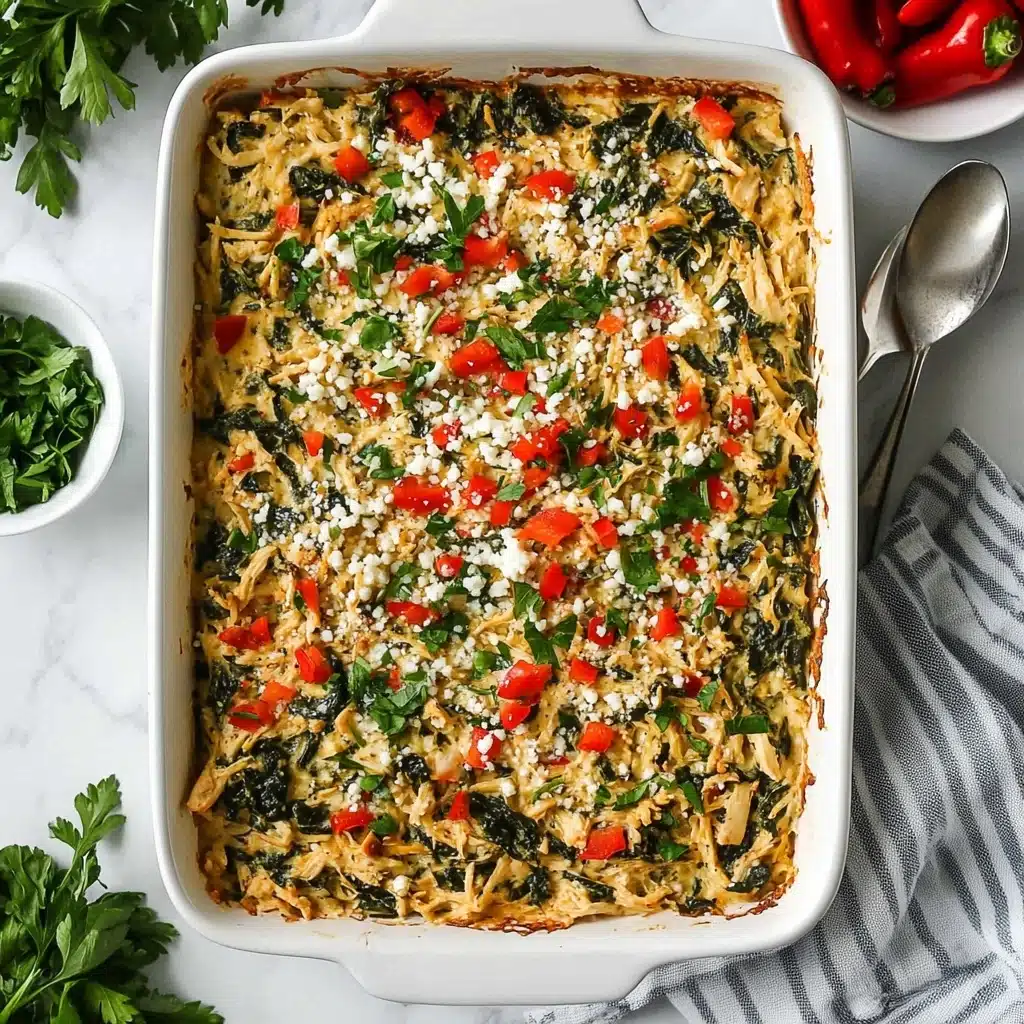 A rectangular white baking dish filled with a layered casserole showing a mix of shredded light tan chicken, dark green spinach, small diced bright red peppers, and finely chopped herbs spread evenly. The surface is dotted with small white cheese crumbles and sprinkled with fresh green parsley. The dish is placed on a white marbled texture surface with a small white bowl of green parsley leaves and another white bowl with red pepper pieces nearby, along with a gray and white striped cloth and large silver serving utensils partly visible on the side. Photo taken with an iphone--v 6.1