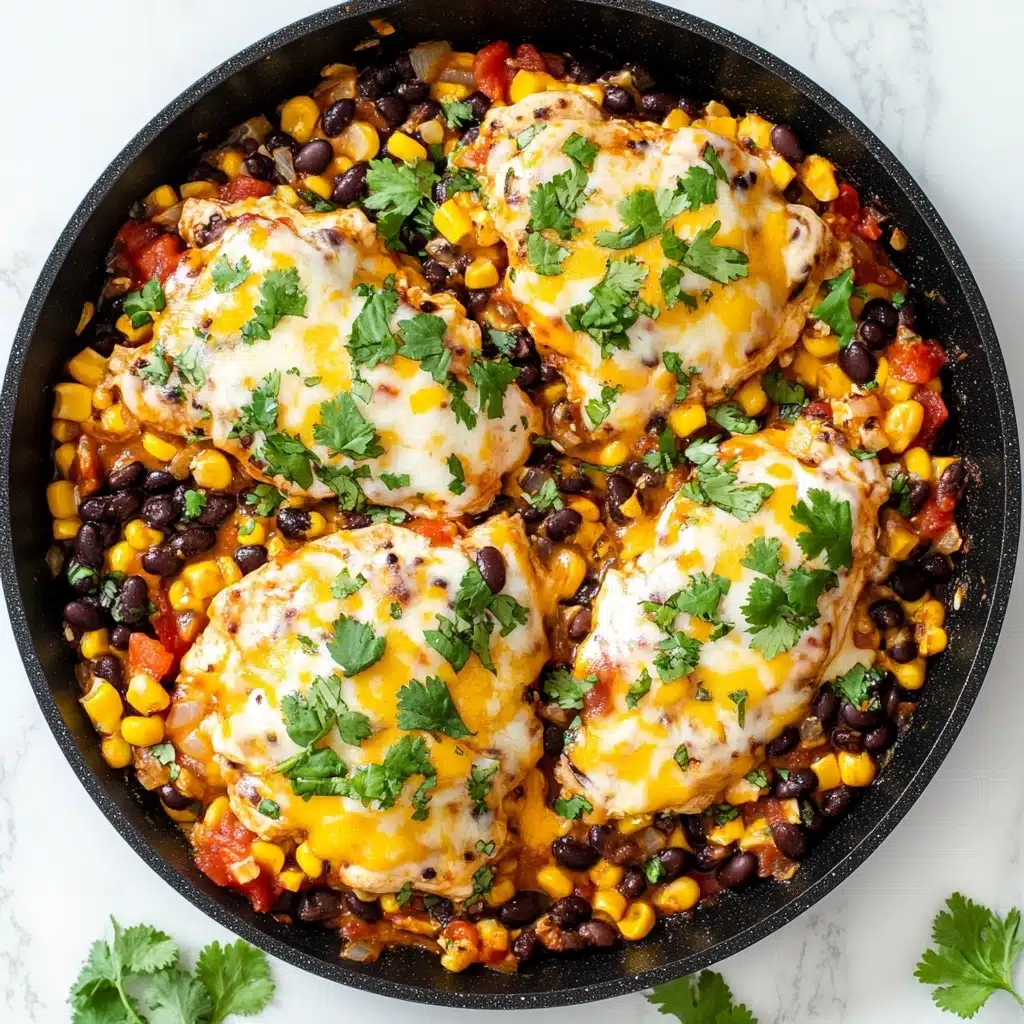 The dish shows a white plate holding two main parts: on the left, a piece of chicken covered with melted cheese, black beans, corn, and small bits of tomato, sprinkled with green cilantro leaves; on the right side is a mound of white rice topped with a mixture of corn, black beans, onions, tomato pieces, and green cilantro, all resting on a white marbled surface photo taken with an iphone--v 6.1