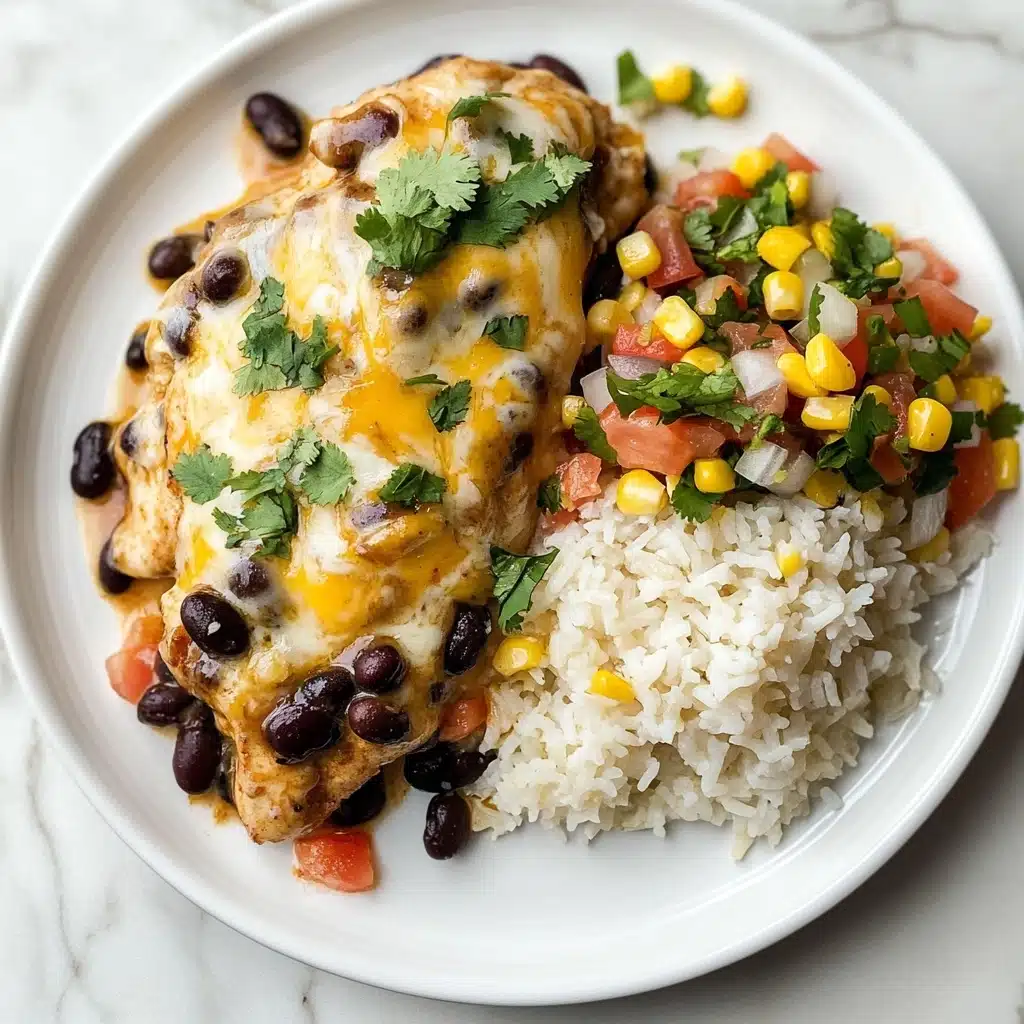 A black skillet filled with a dish showing three large pieces of cooked chicken covered with a colorful mix of melted white and yellow cheese, black beans, bright yellow corn, and red diced tomatoes. Each piece of chicken is topped with the creamy, melted cheese that blends into the layer of black beans and corn underneath, creating a mix of yellow, black, and red colors. The whole skillet is sprinkled generously with fresh green cilantro leaves, adding a pop of bright green on top. The skillet is placed on a white marbled surface, with part of a white edge visible on the bottom right. photo taken with an iphone--v 6.1