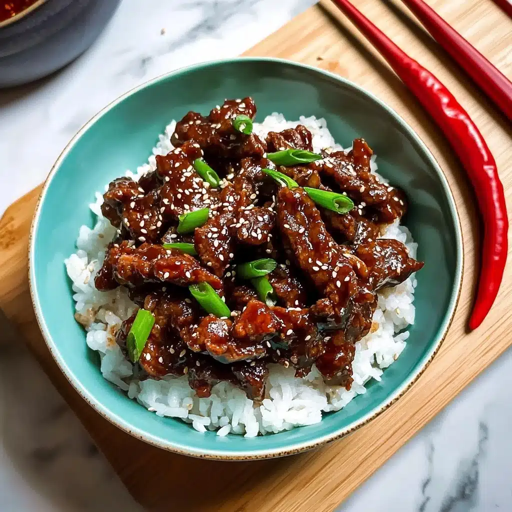 A white bowl filled with two main layers: the bottom layer is plain white rice with a soft texture, and the top layer consists of dark brown cooked meat pieces coated in a shiny sauce. The meat is sprinkled with white sesame seeds and garnished with bright green sliced scallions. A pair of red chopsticks held by a woman's hand is picking up a piece of meat from the bowl. The bowl is placed on a wooden surface with a single bright red chili pepper beside it, and the background has dark gray tiles. Photo taken with an iphone--v 6.1