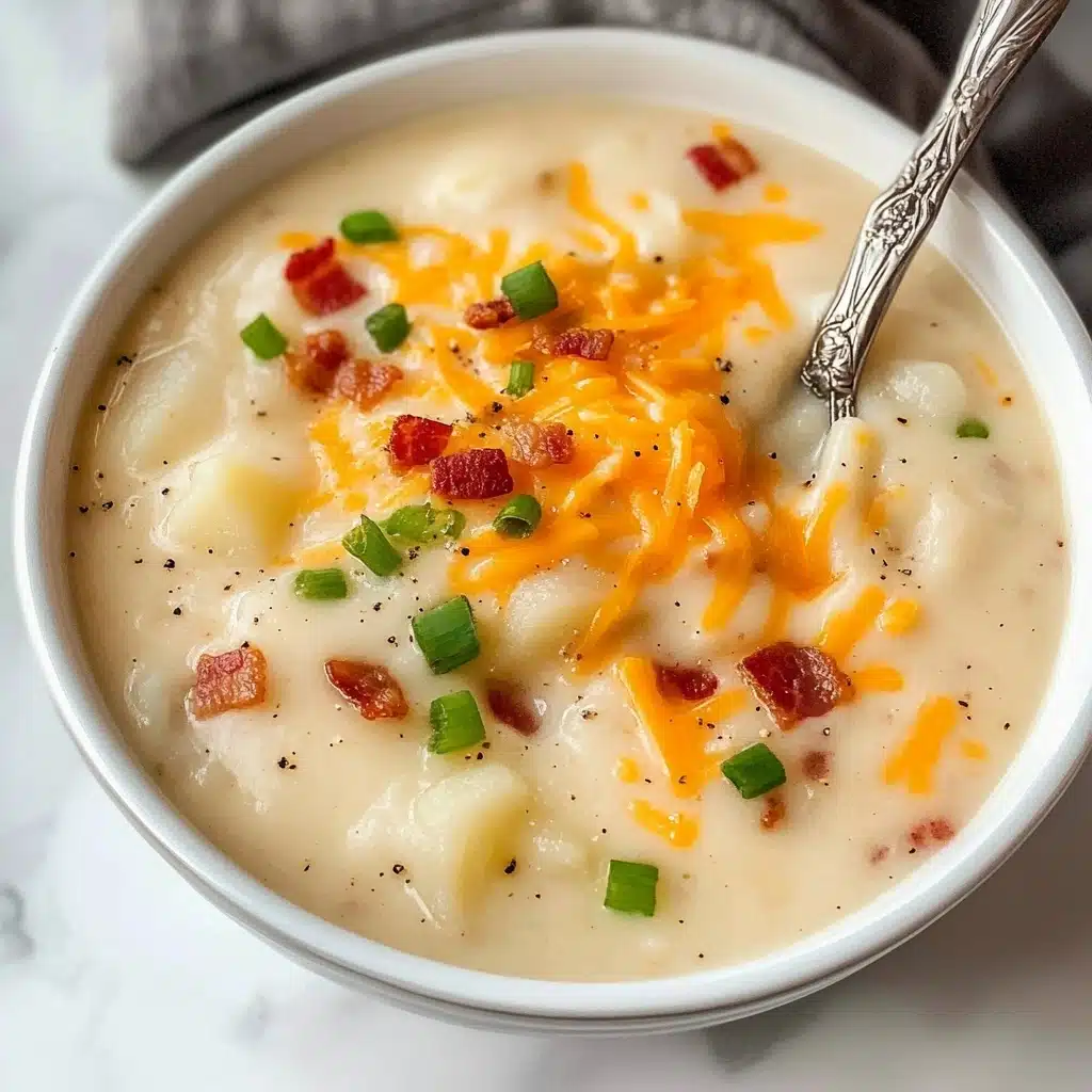 A close-up white bowl filled with thick, creamy potato soup showing three main layers: a base of smooth, pale off-white soup with small chunks of soft potato, a middle layer dotted with crispy, reddish-brown bacon pieces and bright green chopped spring onions, and a top layer sprinkled with melted golden-yellow shredded cheddar cheese. A silver ornate spoon rests inside the bowl, angled towards the bottom left, partially covered by the soup. The bowl sits on a white marbled surface, giving a clean and fresh look. Photo taken with an iphone--v 6.1