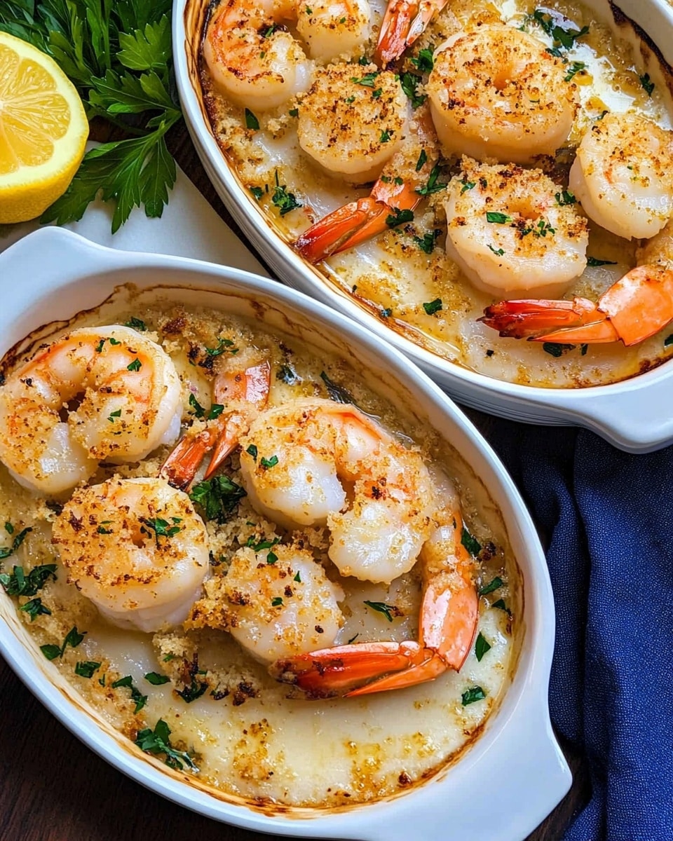 The image shows two white oval ceramic dishes filled with baked shrimp and scallops. Each dish has a layer of creamy, slightly browned sauce at the bottom, topped with scallops that are light off-white with a soft texture. On top of the scallops are whole shrimp with bright orange-pink shells, some with a light char. Each shrimp has a slight glossy shine from the sauce. There is a sprinkling of green herbs and golden breadcrumbs evenly spread across the dish, adding texture and color contrast. One dish is placed on a dark wooden surface with a blue cloth underneath, and a slice of lemon is on a white marbled surface near the top right corner. Some fresh green parsley leaves are visible on the white marbled surface on the left side. photo taken with an iphone --ar 4:5 --v 6.1