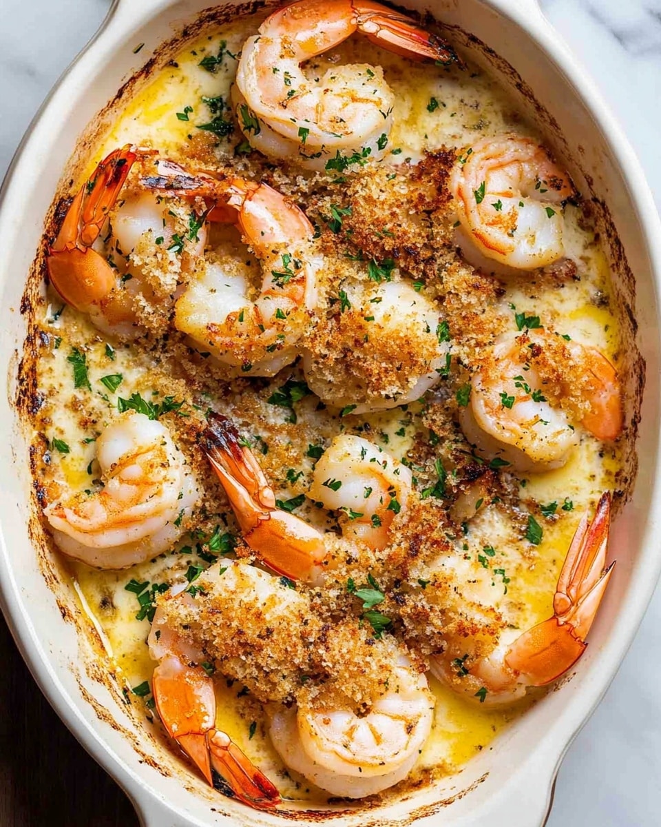 This dish shows a white oval baking dish filled with large, cooked shrimp arranged in a circle around the edges. The shrimp have bright orange shells and white cooked flesh. The center is filled with plump, white pieces of fish or scallops covered in a golden brown breadcrumb topping mixed with green herbs. The dish is sitting on a white marbled surface, and the shrimp and seafood rest in a pool of yellow buttery sauce. The colors show bright orange, white, green, and golden brown with a juicy texture. Photo taken with an iphone --ar 4:5 --v 6.1