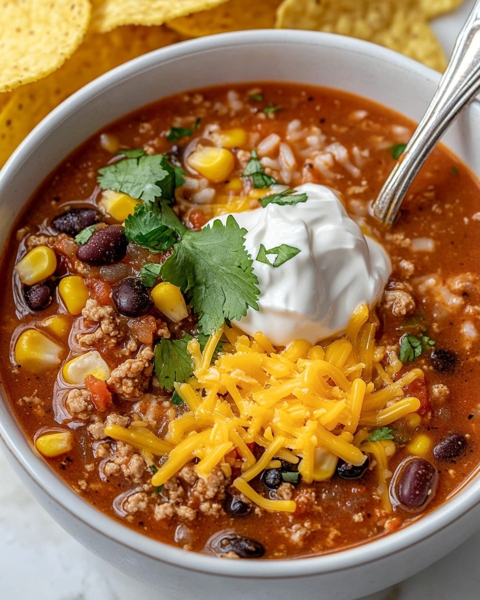 A close-up view of a bowl filled with colorful chili, featuring a mix of cooked rice, ground meat, yellow corn, black beans, and small pieces of red tomato. The chili has a reddish broth that looks thick and rich, with sprinkled green herbs on top. A spoon is lifting a portion of the chili, showing a dense layer of ingredients with rice and meat in the middle, surrounded by bright corn and tomato bits. The bowl is white and sits on a white marbled surface. Photo taken with an iphone --ar 4:5 --v 6.1