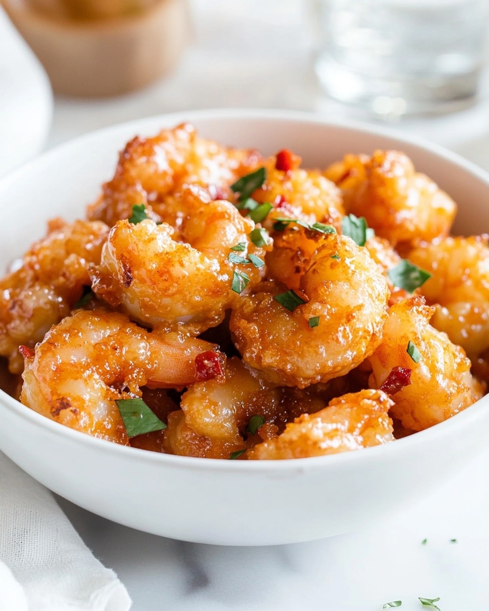A white bowl filled with golden, crispy fried cauliflower pieces coated in a shiny, orange sauce with small bits of red pepper and fresh green herb bits scattered on top. The cauliflower has a crunchy texture with some parts showing a light brown fried crust, and the sauce creates a glossy layer over it. The bowl sits on a white marbled surface, with part of a white cloth visible in the foreground, and a blurred background featuring light-colored glassware and tableware. photo taken with an iphone --ar 4:5 --v 6.1