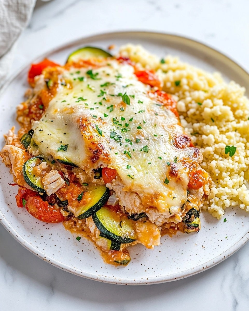 The dish is served on a round white plate placed on a white marbled surface. On the left side of the plate is a layered vegetable bake with three visible layers: the bottom layer consists of diced red tomatoes and white onions, the middle layer includes slices of green zucchini, and the top layer is melted cheese browned in spots with a slightly crisp texture. The vegetable bake is garnished with small green herbs scattered throughout. On the right side of the plate, there is a fluffy, light yellow couscous with small green herb bits mixed in. A silver fork rests on the edge of the plate, lifting a portion of the vegetable bake. Photo taken with an iphone --ar 4:5 --v 6.1