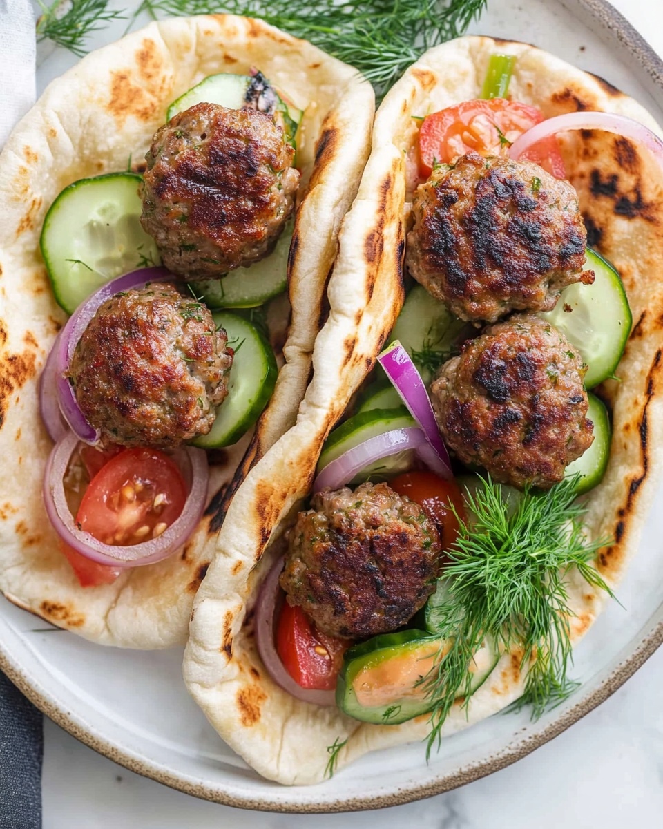 Three flat folded flatbreads rest side by side on a white marbled surface, each filled with three browned meatballs on top. Each flatbread holds a mix of thin pale purple onion slices, small bright red tomato pieces, and green cucumber slices. The meatballs have a textured, grilled look with some dark spots, and green dill sprigs add a touch of freshness on top. The flatbreads are pale golden with darker toasted spots around the edges. The whole scene is on a white round plate with a subtle pattern. photo taken with an iphone --ar 4:5 --v 6.1