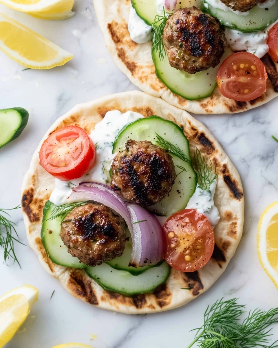 The image shows two flat round pieces of grilled pita bread, each topped with a creamy white sauce spread evenly on the base. On top of the sauce, there are thin slices of cucumber that are light green, along with small cherry tomato halves that are bright red. Thin rings of purple onion are scattered over the vegetables, adding a delicate layer. Each pita also holds three browned, grilled meatballs with a slightly charred look, positioned close together in the center. Fresh small green dill leaves are placed on top and around the pitas for garnish. Lemon wedges, extra cucumber slices, and cherry tomato halves are laid around the pitas on a white marbled surface, giving a fresh and colorful presentation. photo taken with an iphone --ar 4:5 --v 6.1