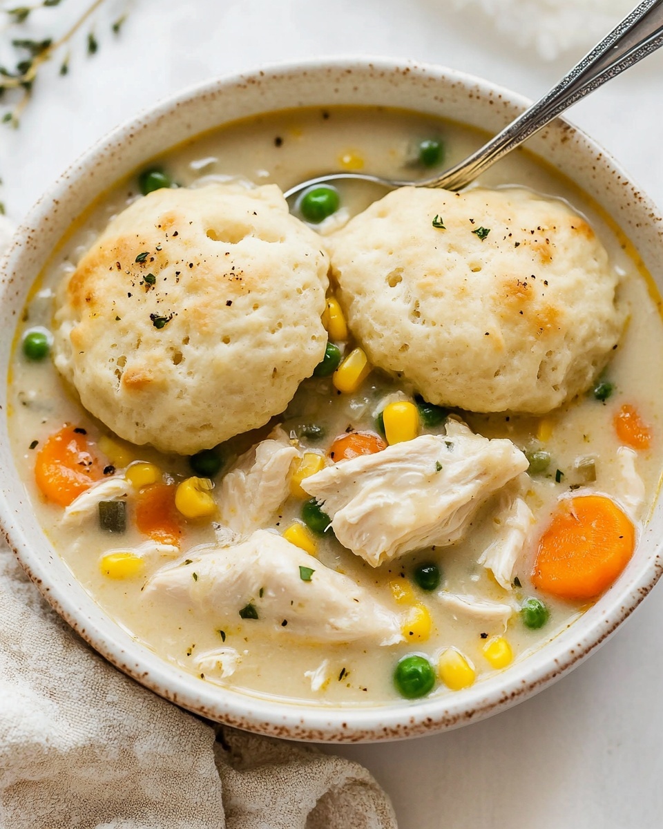 The image shows a white pan with six large, soft, pale yellow dumplings on top, slightly spongy in texture with small holes on the surface. Below the dumplings, there is a creamy white sauce filled with small colorful pieces of vegetables like orange carrots, yellow corn, and green herbs. A silver spoon is dipped into the sauce on the left side of the pan, scooping the thick mixture. The pan is placed on a beige cloth, with some small green thyme leaves sprinkled on the sauce. The photo is taken from above, showing clear details of the creamy sauce and fluffy dumplings. photo taken with an iphone --ar 4:5 --v 6.1