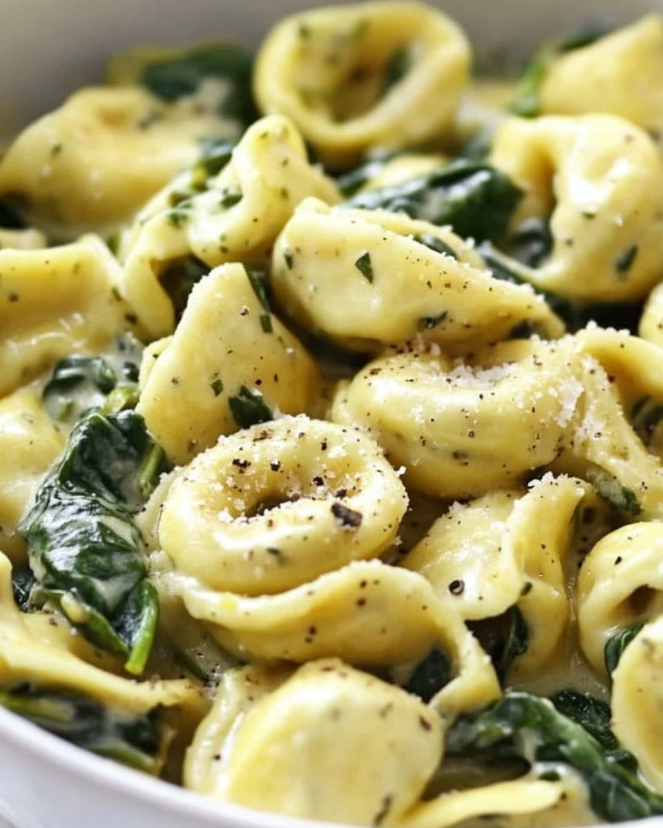 A close-up view of a white bowl filled with tortellini pasta mixed with spinach and a creamy sauce. The tortellini are pale yellow with a smooth texture and some edges visible, layered throughout the dish. Bright green spinach leaves are scattered on top and throughout, adding fresh color contrast. The creamy sauce coats the pasta and spinach, speckled with small bits of herbs or seasoning. The overall look is rich and inviting, sitting on a white marbled surface. photo taken with an iphone --ar 4:5 --v 6.1