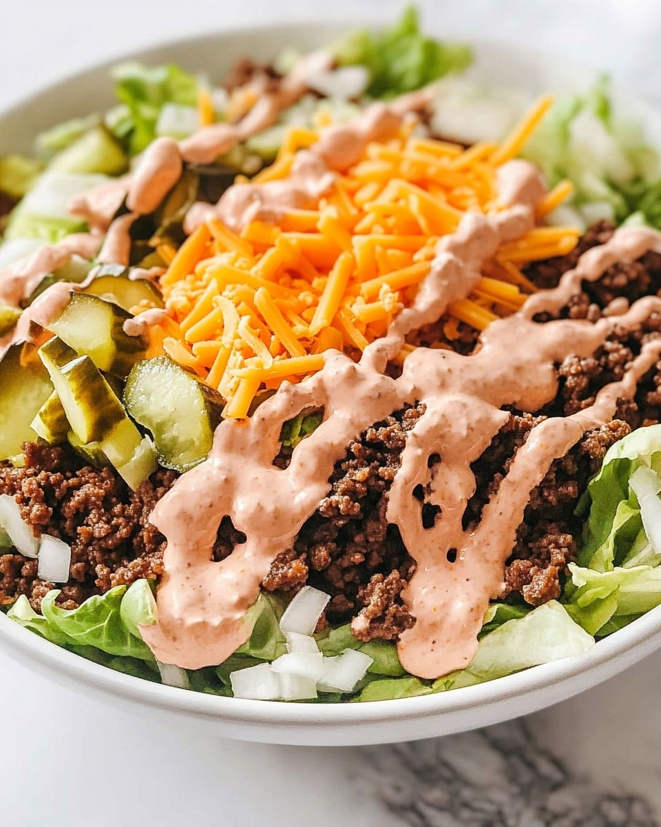 The image shows a close-up of a white bowl filled with a layered salad. The bottom layer appears to be shredded green lettuce, topped generously with cooked ground beef pieces that are dark brown in color. Interspersed among the beef and lettuce are thin strips of bright orange cheese. The salad is drizzled with a light orange creamy dressing spread unevenly over the top. The bowl is placed on a surface with a white marbled texture. photo taken with an iphone --ar 4:5 --v 6.1