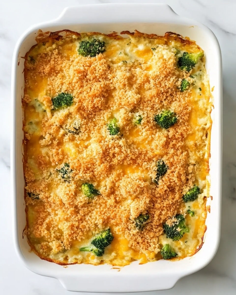 This image shows a white rectangular baking dish filled with a creamy vegetable casserole. The casserole has a golden-brown crunchy top layer that looks like crushed chips or breadcrumbs, covering soft layers below. Inside, there are visible pieces of bright green broccoli, yellow corn kernels, and orange carrot bits mixed in a creamy, cheesy sauce with some white and light yellow tones. A spoon is lifting a scoop of the casserole, revealing the creamy inside with vegetables and cheese mixed together. The dish is on a white marbled surface. Photo taken with an iphone --ar 4:5 --v 6.1