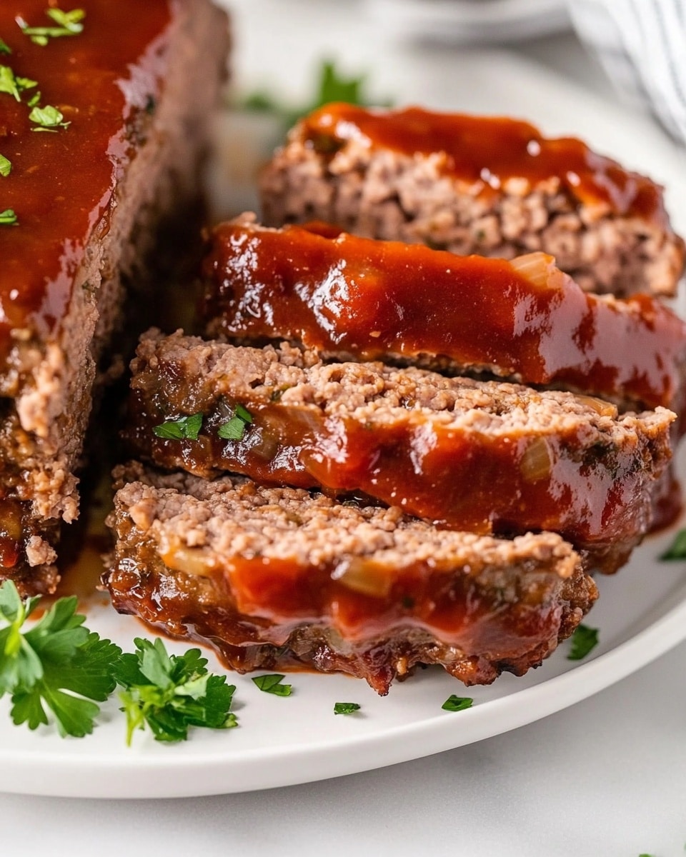The image shows a sliced meatloaf on a white plate with a white marbled surface underneath. The meatloaf has about five visible layers, each showing a dense, cooked ground meat texture with a slightly pinkish inside. The top layer is coated with a shiny, reddish-brown sauce that looks thick and smooth. Small pieces of chopped green herbs are sprinkled over the meatloaf and sauce, adding a fresh contrast. A fork holds a bite-sized piece of meatloaf on the left side of the plate. Photo taken with an iphone --ar 4:5 --v 6.1
