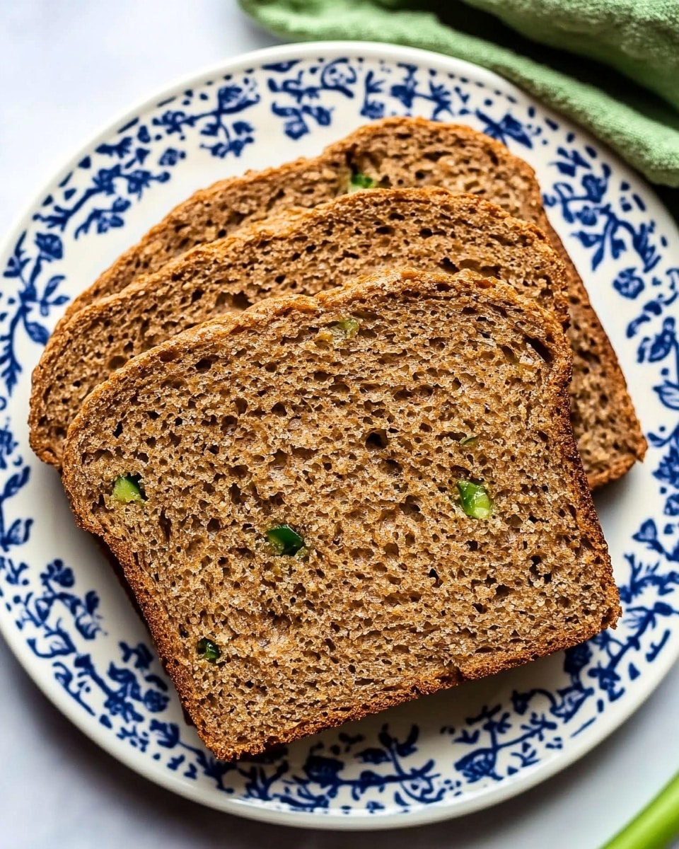 Three slices of brown bread with small green bits inside are neatly stacked on a white plate with blue floral patterns. The bread texture looks soft and slightly crumbly with small holes spread throughout. There is a soft green cloth to the upper right side of the plate, and a green vegetable slightly visible at the bottom left corner. The whole scene is set on a white marbled surface. Photo taken with an iphone --ar 4:5 --v 6.1