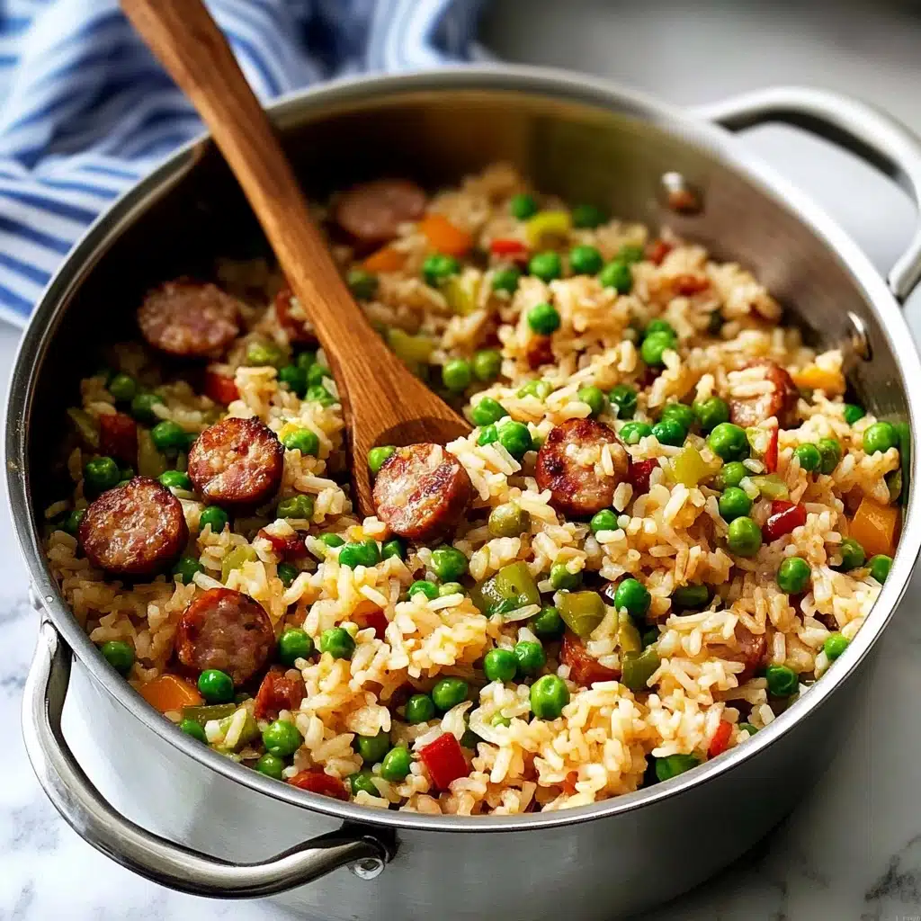 A silver pot filled with a cooked rice dish mixed with bright green peas, round brown sausage slices, and small bits of red and yellow bell pepper. The rice looks soft and slightly oily, with a spoon that has a wooden handle resting inside the pot. The pot sits on a white marbled surface with a blue and white striped cloth blurred in the background. photo taken with an iphone--v 6.1