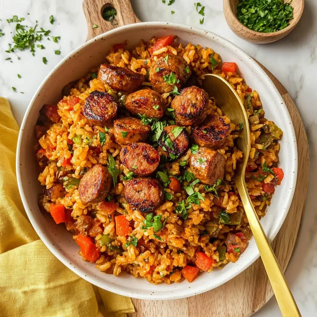 A white bowl filled with a mixed dish featuring two main layers. The base layer is orange-brown cooked rice with small pieces of red and green peppers mixed throughout, creating a colorful and textured background. On top, there are multiple slices of browned sausage with a slight char, distributed evenly across the rice. The dish is garnished with bright green chopped herbs scattered on top. A golden spoon is placed inside the bowl on the right side. The bowl sits on a light wood board with a mustard-yellow cloth partially visible behind it, all set against a white marbled surface with a small bowl of herbs nearby. Photo taken with an iphone--v 6.1