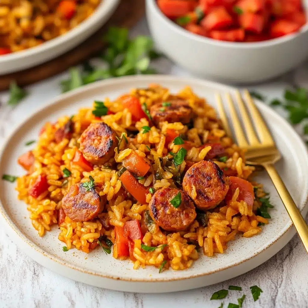 A close-up view of a plate with one layer of cooked rice mixed with small pieces of red bell pepper and small green herb leaves scattered throughout. Slices of browned sausage are visible on top, giving dark brown and reddish spots mixed with the orange-yellow rice. The plate is white and sits on a white marbled textured surface. To the right, a gold fork is placed partly on the plate. In the background, a white bowl filled with the same rice dish and a small white bowl with diced red pieces are slightly blurred, with sprigs of green herbs scattered around. Photo taken with an iphone--v 6.1