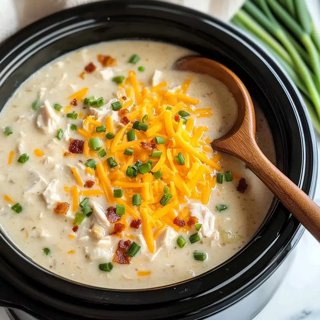 A black slow cooker filled with creamy white soup showing chunks of chicken under a layer of shredded orange cheddar cheese, sprinkled with small green scallion pieces and tiny red bacon bits. A wooden spoon with a smooth handle rests inside the soup on the right side. In the background, there are green scallions on a white marbled surface with a white cloth slightly visible in the top right corner. Photo taken with an iphone--v 6.1