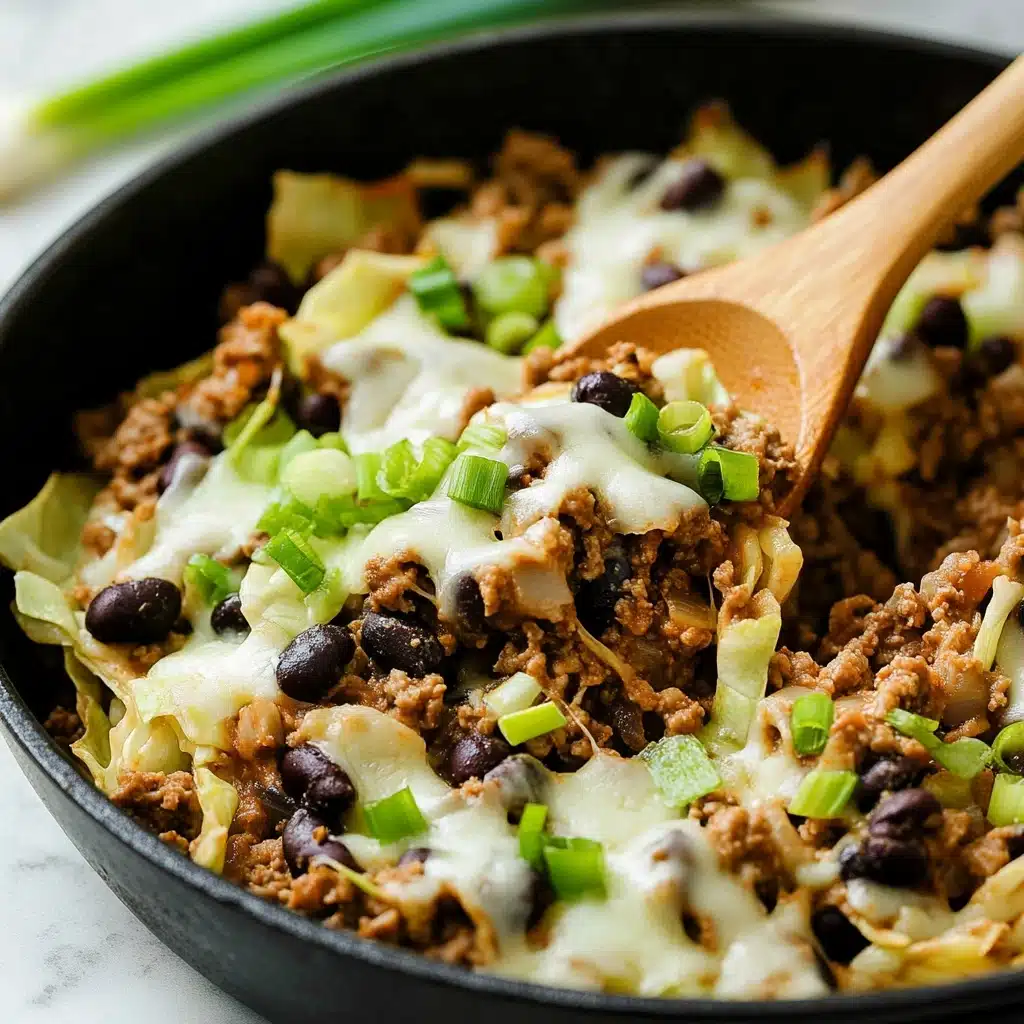 A close-up view of a black skillet filled with a cooked mix of ground meat, light green cabbage pieces, and black beans, topped with melted white cheese and small pieces of green onion scattered throughout. A wooden spoon is scooping some of the food, showing the textured layers of meat, cabbage, and cheese clearly. The background shows a few green onions out of focus on a white marbled surface. photo taken with an iphone--v 6.1