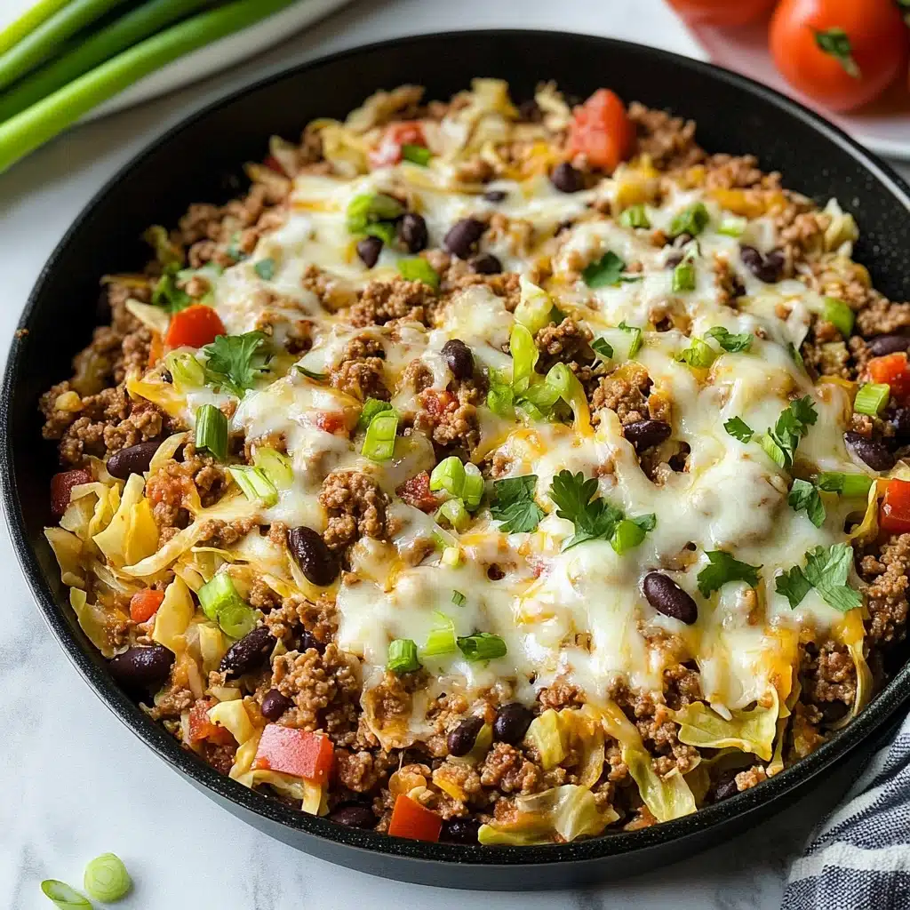 A black skillet filled with cooked ground meat mixed with light green and yellow cabbage pieces, dark beans, and small chunks of red tomatoes, all topped with melted white cheese spread unevenly in patches across the surface. The skillet is placed on a white marbled surface. In the background, there are fresh green onions and a white plate holding quartered red tomatoes. Photo taken with an iphone--v 6.1