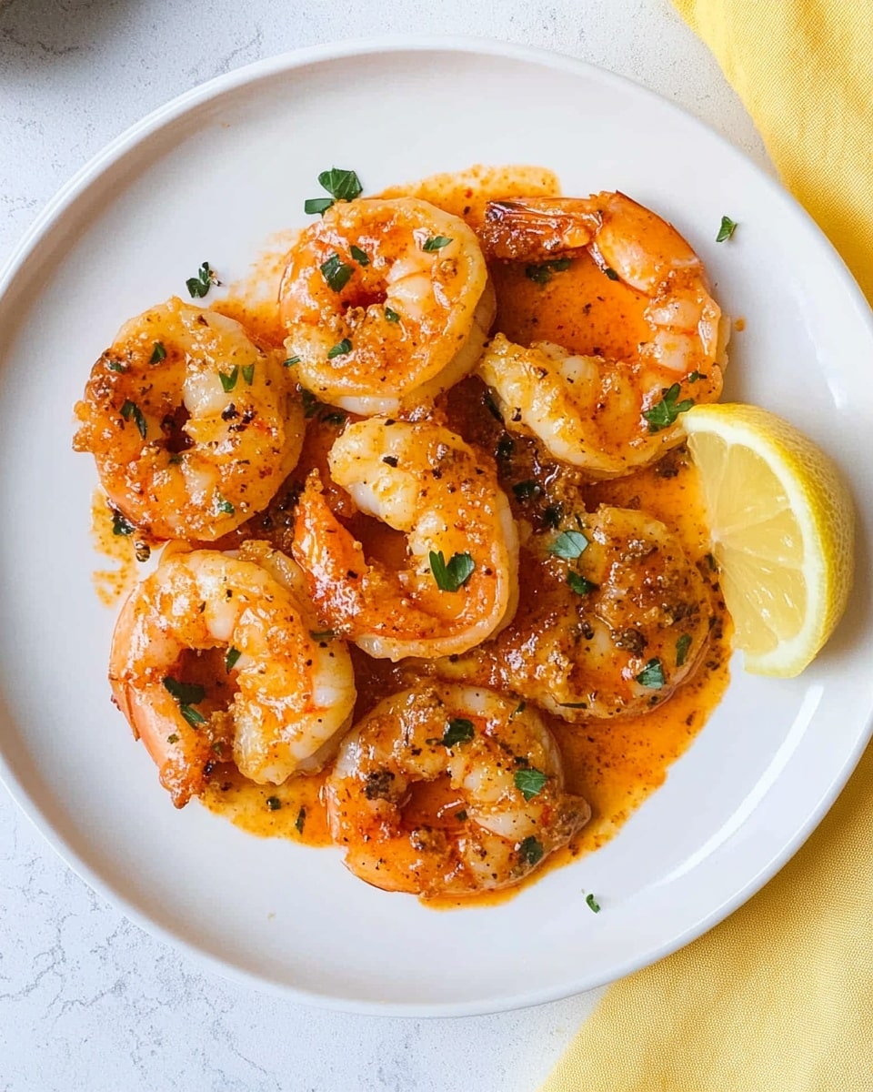 A white plate on a white marbled surface holds a bed of plain white rice as the bottom layer, topped with a layer of cooked shrimp coated in a reddish-orange seasoning with small green herb pieces scattered on them. A small lemon wedge sits on the edge of the plate. The texture of the shrimp looks slightly crispy and juicy, and the rice grains are loose and fluffy. A silver fork is placed next to the plate, and two glasses of water are visible in the blurred background. Photo taken with an iphone --ar 4:5 --v 6.1