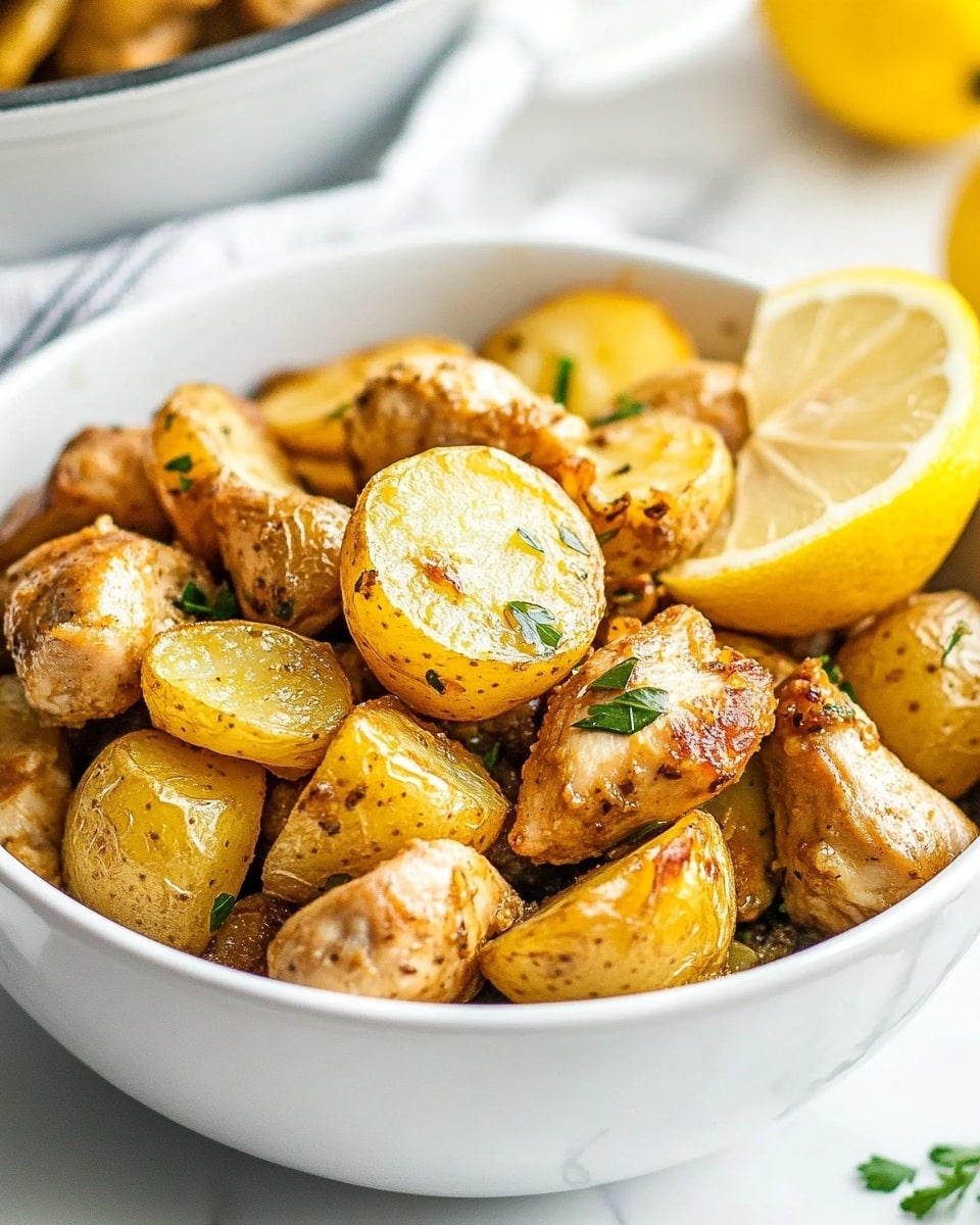 A bowl filled with a mix of light brown cooked chicken pieces and golden yellow baby potatoes that have a slightly crispy texture. The bowl is white with a brown rim, and inside the bowl, there are small green herb leaves scattered on top. Two thin lemon slices with a bright yellow color rest on the right edge of the bowl. A silver spoon is placed inside the bowl on the left side. The background is a white marbled surface with a white bowl and a small stack of white plates holding lemon slices visible around it. photo taken with an iphone --ar 4:5 --v 6.1