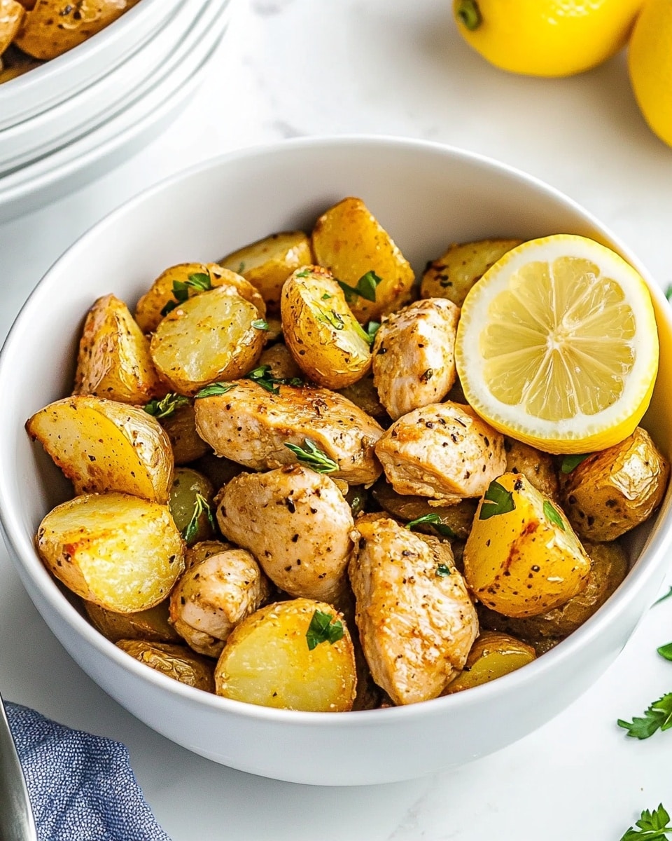 The image shows a white pot filled with a dish of cooked small yellow potatoes, some cut in half showing their soft inside, mixed with light brown chunks of cooked chicken pieces. The dish is sprinkled with green herbs placed on top and scattered throughout. Around the pot, lemon slices add a bright yellow contrast. The pot sits on a blue and white striped cloth, all on a white marbled surface. To the left, two white speckled plates and a wooden spoon are partially visible. photo taken with an iphone --ar 4:5 --v 6.1