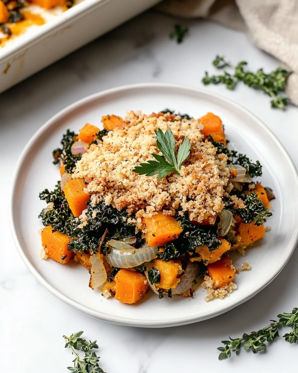 The image shows a white dish filled with a layered casserole. The bottom layer has chunks of orange vegetables, likely cooked carrots or squash, mixed with green leafy vegetables that look like kale. On top of this, there is a crumbly layer of golden brown breadcrumbs or cheese, sprinkled evenly with some small green herb leaves for garnish. A metal spoon is lifting a scoop from the dish, showing all the layers mixed together with a textured, slightly crunchy look on top. The background is a white marble surface. Photo taken with an iphone --ar 4:5 --v 6.1