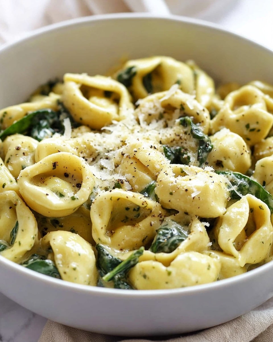 A white bowl filled with three layers of tortellini pasta tossed in a green herb sauce. The pale yellow pasta has a soft texture with some pieces showing a folded shape. Mixed in are dark green spinach leaves scattered evenly throughout the dish. The top layer is sprinkled with fine, shredded white cheese and small specks of black pepper. The bowl sits on a white marbled surface with a beige and red striped cloth next to it, and a wooden spoon is visible in the background. Photo taken with an iphone --ar 4:5 --v 6.1