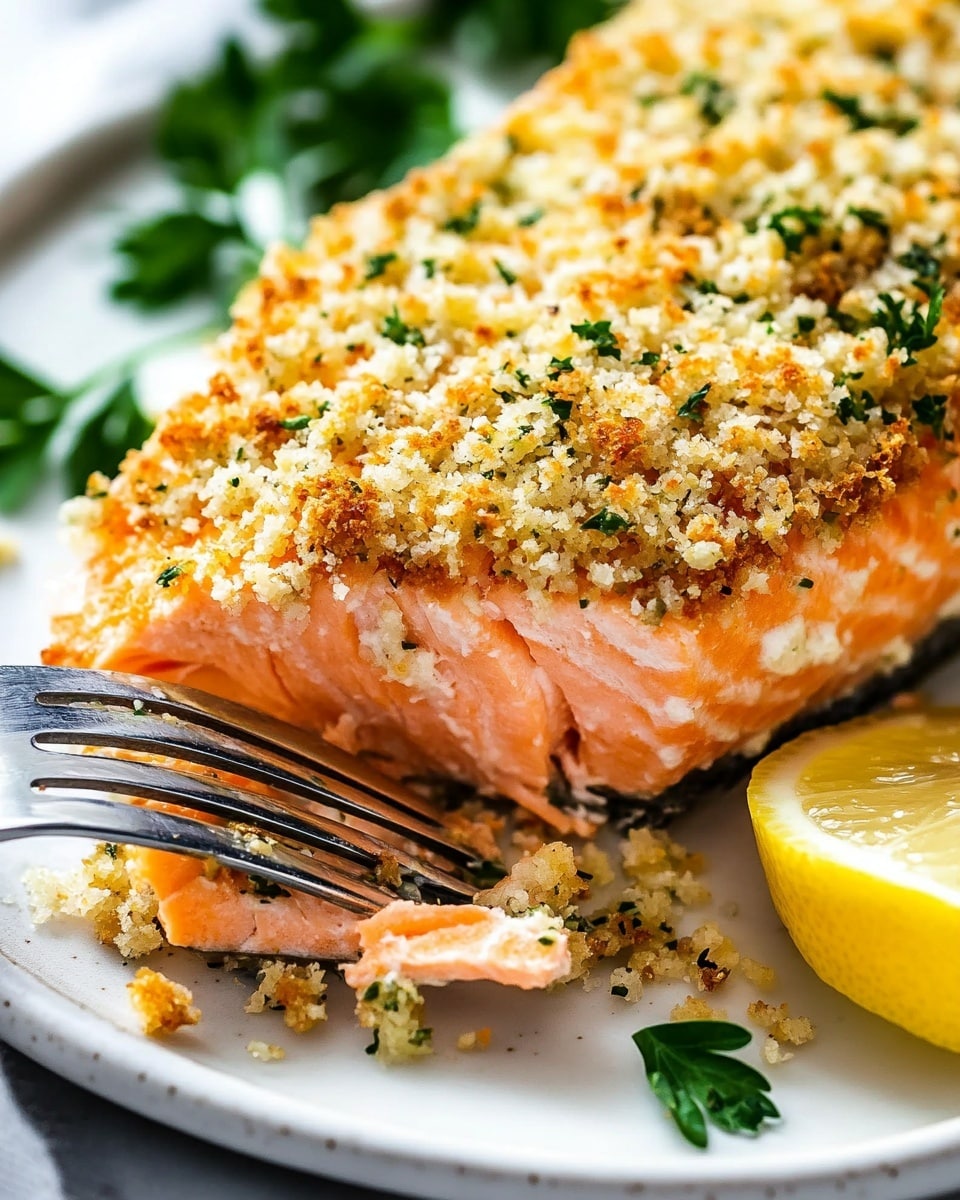 The image shows four pieces of salmon fillets on a white rectangular dish, each topped with a thick layer of golden crispy breadcrumb mixture mixed with finely chopped green herbs. The salmon beneath the crumb layer is a bright orange-pink color and looks moist and tender. Two lemon wedges, bright yellow with juicy texture, are placed at opposite corners of the dish. The dish is set on a white marbled surface with sprigs of green parsley nearby and a wooden-handled spatula partially touching one salmon piece. Photo taken with an iphone --ar 4:5 --v 6.1