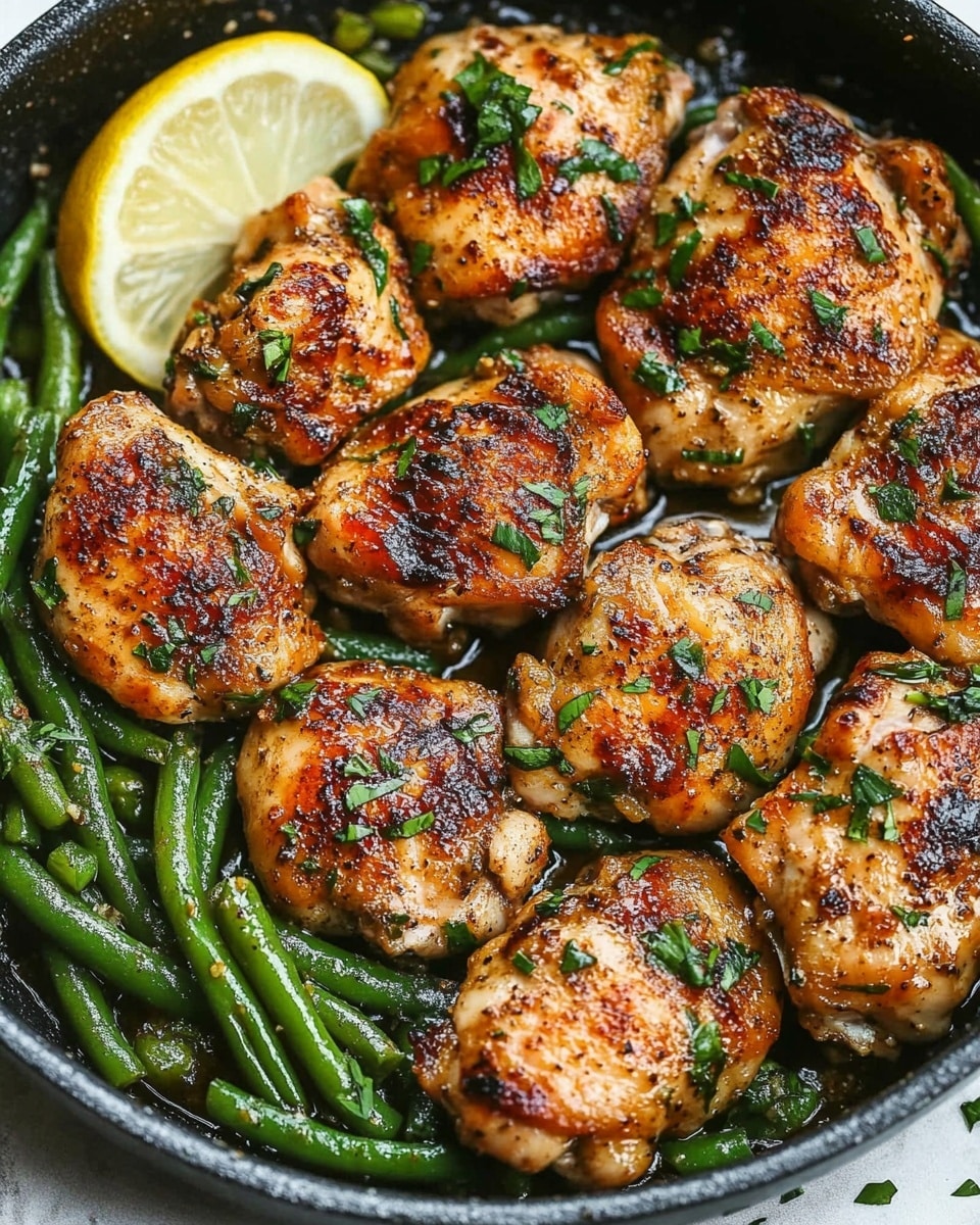 A black pan filled with two main layers: the top layer shows bright green cooked green beans, glossy with slight seasoning and red pepper flakes scattered on top, arranged mainly on the upper half of the pan; below is a layer of golden brown cooked chicken pieces, each with a slightly crisp and seasoned surface sprinkled with chopped herbs, positioned mostly on the bottom half. Two thin lemon slices rest on the left side of the pan near the chicken and green beans. The pan sits on a white marbled surface photo taken with an iphone --ar 4:5 --v 6.1