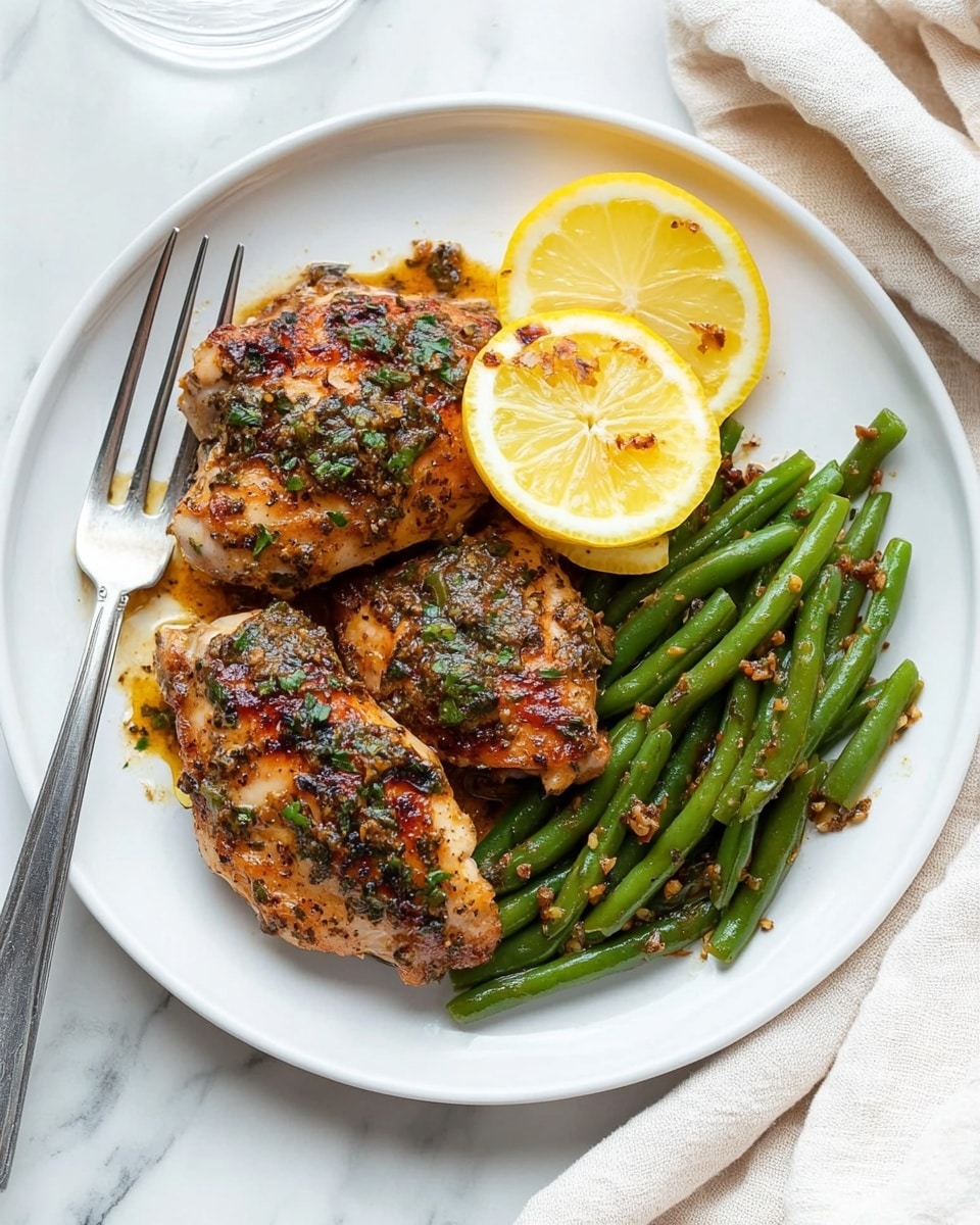 The dish shows a close-up view of a black skillet filled with nine pieces of golden brown grilled chicken thighs, each with a slightly charred texture and sprinkled with chopped green herbs. On the left side of the skillet, there is a layer of bright green sautéed green beans with a shiny, slightly oily surface, some of them overlapping the chicken. At the bottom left corner, a wedge of lemon with visible juice droplets sits against the green beans. The background around the skillet is a white marbled texture. photo taken with an iphone --ar 4:5 --v 6.1