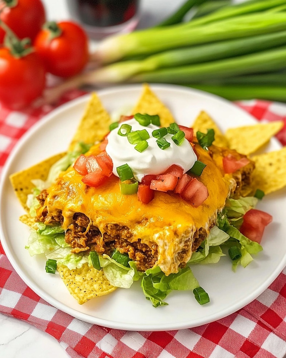 A white plate is placed on a white marbled surface covered by a red and white checkered cloth. The dish shows a triangle-shaped serving of a baked casserole with a golden brown melted cheese layer on top mixed with cooked ground meat. Underneath, there is a layer of shredded green lettuce. On top of the cheese and meat, a dollop of white sour cream sits in the center, garnished with small red tomato cubes and chopped green onions. Around the plate, some more tomato pieces are scattered, with a few light yellow tortilla chips visible at the edge of the image. In the background, two halves of a bright red tomato and a bunch of fresh green onions lie on the cloth, and a glass of iced dark soda is partially visible. Photo taken with an iphone --ar 4:5 --v 6.1
