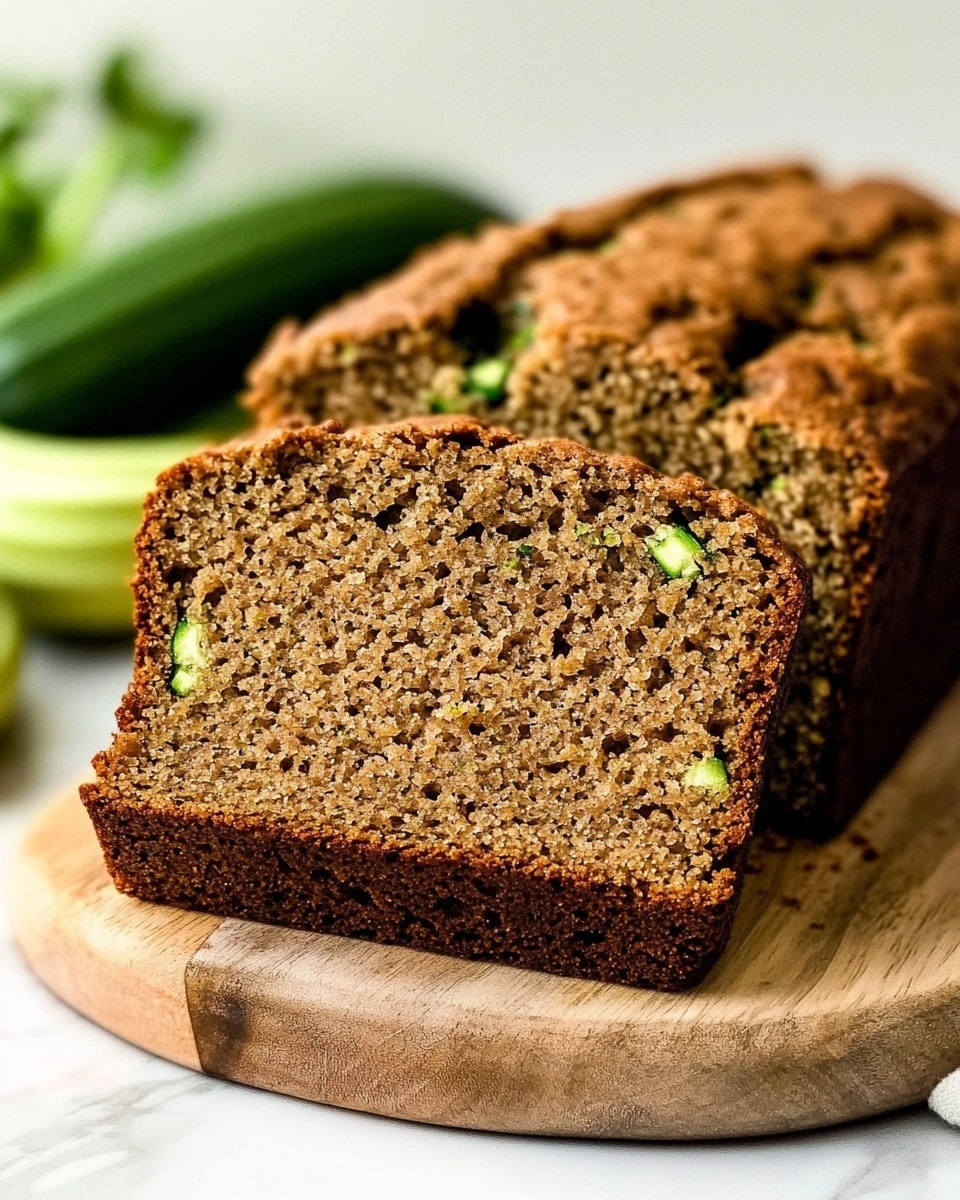 A loaf of brown zucchini bread with a thick crust, sliced to show its soft inside filled with small green zucchini pieces and air holes. The bread is placed on a wooden board, resting on a white marbled surface. In the background, there are blurry green vegetables. Photo taken with an iphone --ar 4:5 --v 6.1