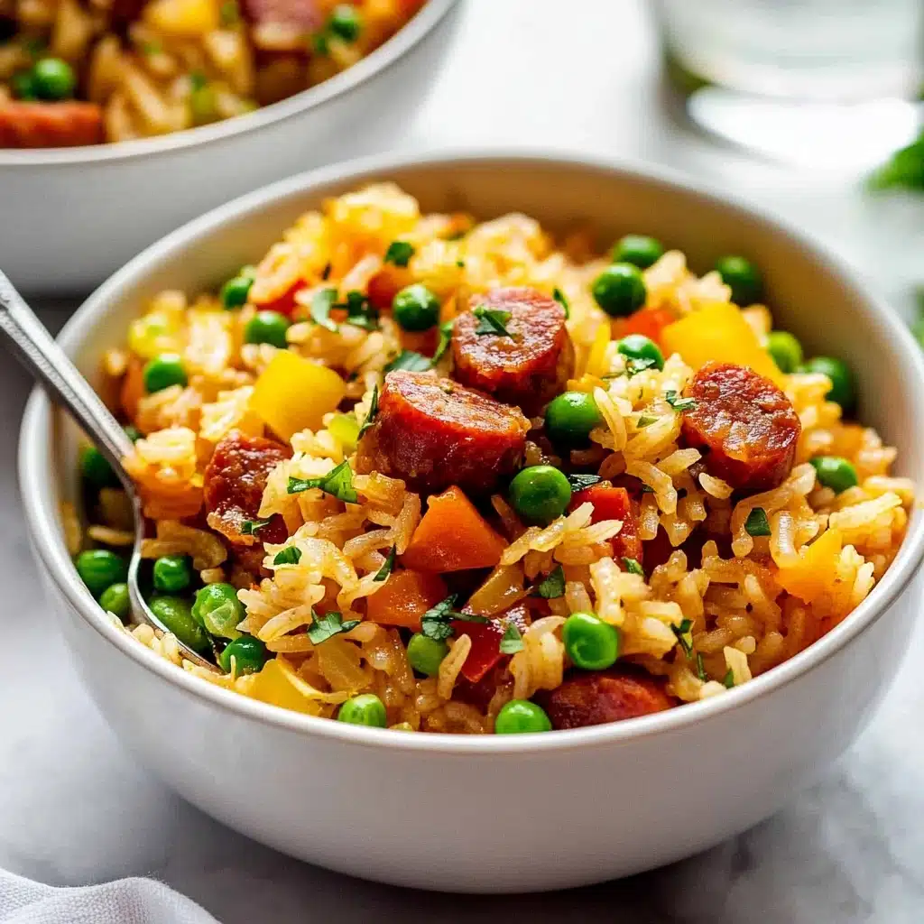The image shows a close-up of a white bowl filled with a colorful rice dish. The dish has three main layers: a base of cooked rice mixed with small green peas scattered throughout, chunks of reddish-brown sausage pieces placed evenly within the rice, and bright yellow and red bell pepper pieces mixed in, giving the dish a vibrant look. The rice looks fluffy with some green herbs sprinkled on top for a fresh touch. A spoon rests inside the bowl on the left side, slightly buried in the rice. In the background, a second white bowl with the same dish is slightly out of focus, and to the right, there is a clear glass of water. All items are placed on a white marbled surface. photo taken with an iphone--v 6.1
