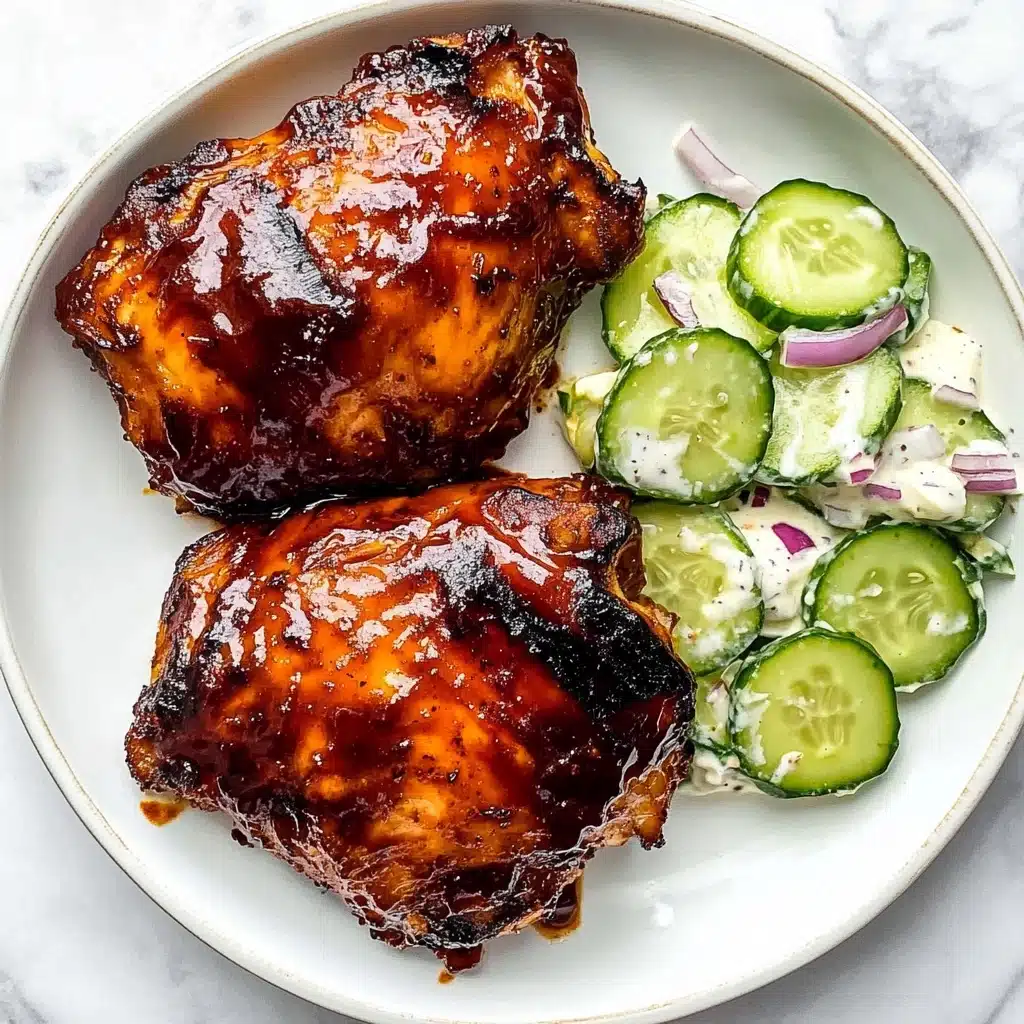 The image shows a white plate with two pieces of grilled chicken thighs covered in a shiny, dark reddish-brown barbecue sauce with some charred spots around the edges. The chicken thighs are positioned on the left side of the plate, with the sauce slightly dripping onto the plate. On the right side of the plate, there is a creamy cucumber salad made up of thin, round cucumber slices mixed with a white dressing and some small red onion pieces. The plate sits on a white marbled surface. photo taken with an iphone--v 6.1