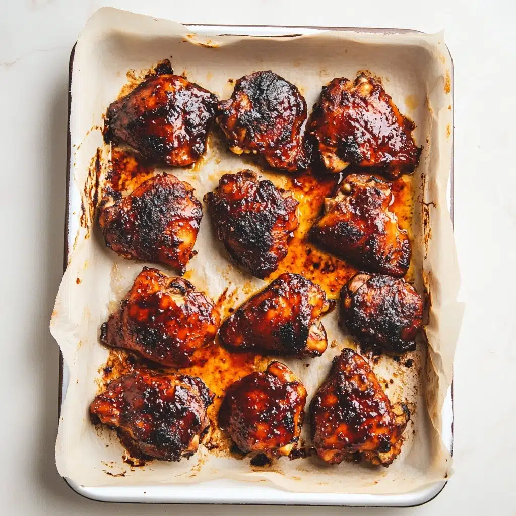 A white baking tray lined with light brown parchment paper holds nine pieces of cooked chicken thighs, arranged loosely in three rows. Each thigh is covered in a shiny, deep reddish-brown sauce, with some parts having dark, slightly burnt edges and spots. The sauce glistens with a thick, sticky texture, pooling slightly around and beneath the chicken, mixing with blackened, charred bits on the parchment paper. The contrast between the dark sauce, burnt edges, and light parchment paper creates a rustic, appetizing look. The tray is placed on a white marbled surface. photo taken with an iphone--v 6.1