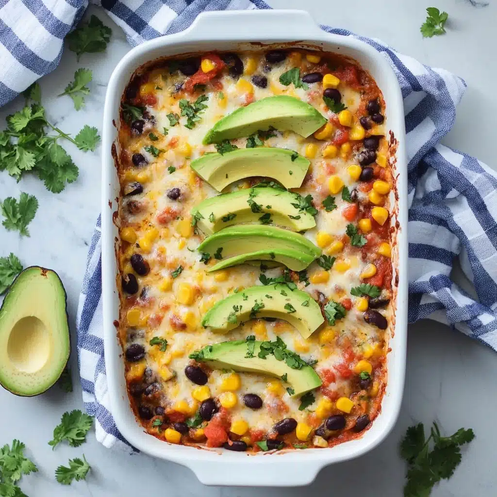 A white speckled plate holds a dish with three main layers: at the bottom is a fluffy layer of white rice, followed by a mixed layer of chicken pieces, black beans, and yellow corn scattered throughout, topped with melted light yellow cheese that covers the chicken and vegetables. Thin green slices of avocado are arranged on top, with small green herbs sprinkled evenly over the entire dish. The plate sits on a white marbled surface. Photo taken with an iphone--v 6.1