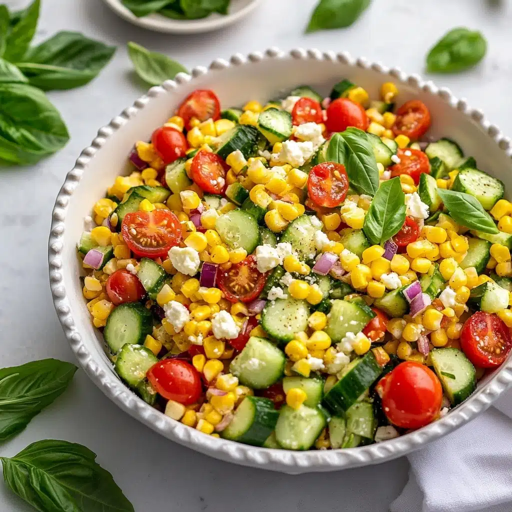 A white bowl filled with a colorful, fresh salad composed of three main layers: the base layer of bright yellow corn kernels, followed by medium green cucumber chunks evenly mixed throughout, and a top layer of halved red cherry tomatoes scattered on the surface. Small white crumbles of cheese are sprinkled over the salad, adding texture and contrast. Fresh green basil leaves are placed on top for garnish. A silver fork with a wooden handle rests inside the bowl on the left side. The bowl sits on a white marbled surface with a soft light coming from above, highlighting the vibrant colors of the salad. Photo taken with an iphone--v 6.1