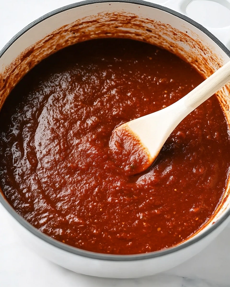 A close-up view of a large white pot filled with thick, rich dark red tomato sauce that has a slightly textured surface with small bits visible throughout. A white spatula with a light wood handle is partially dipped into the sauce on the right side, blending with the smooth sides of the pot. The pot sits on a white marbled surface. photo taken with an iphone --ar 4:5 --v 6.1