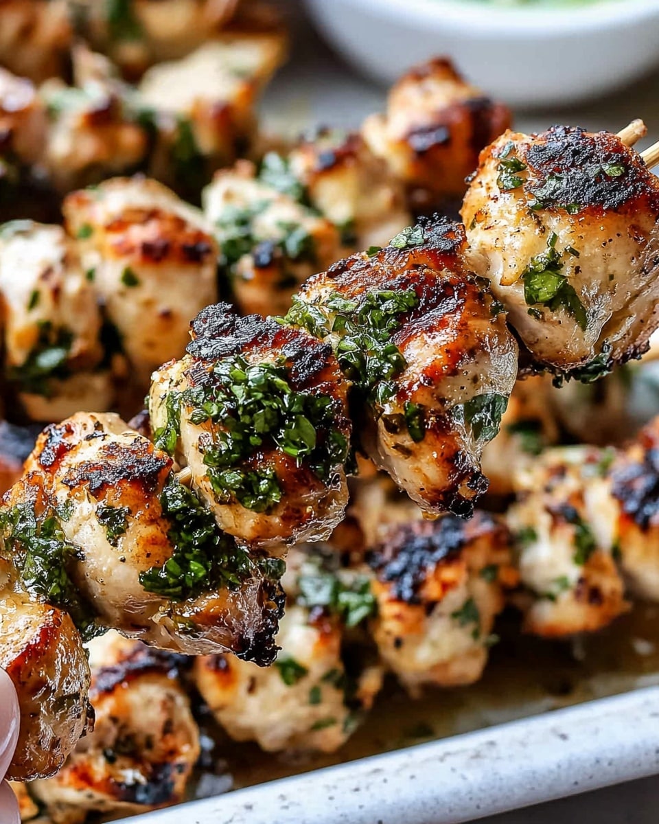 The image shows a close-up of grilled chicken skewers with two layers of large, browned, and slightly charred chicken pieces threaded on a skewer held by a woman's hand. The chicken is coated with a green herb and garlic sauce, with visible small bits of minced garlic and chopped parsley scattered on the meat. The background reveals more skewers piled together on a white tray with a slightly rough texture, all covered in the same garlic herb mix. To the side, there is a small white bowl partially visible on a white marbled surface in the background. The lighting highlights the juicy and textured surface of the grilled chicken. photo taken with an iphone --ar 4:5 --v 6.1