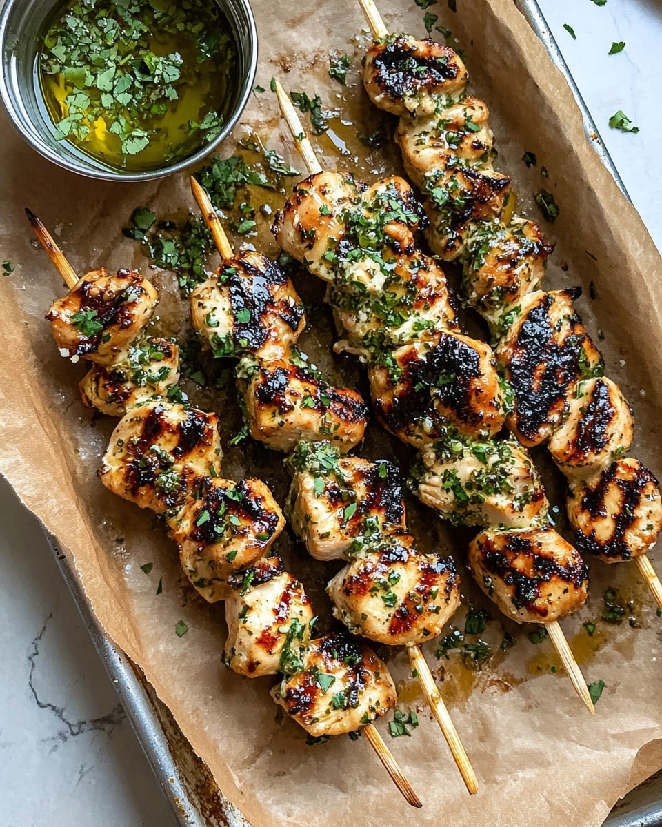 The image shows several skewers of grilled chicken pieces arranged closely together on a white marbled surface. Each skewer has chunky pieces of chicken browned deeply with a mix of golden and dark charred spots. On top, a creamy, chunky garlic herb sauce with bits of green herbs is spread unevenly, adding a bright color contrast to the rich brown chicken. In the background, a small metal cup holds more of the garlic herb sauce. The overall texture looks juicy and slightly crispy on the edges, with the sauce creating a fresh, textured look on each piece. photo taken with an iphone --ar 4:5 --v 6.1
