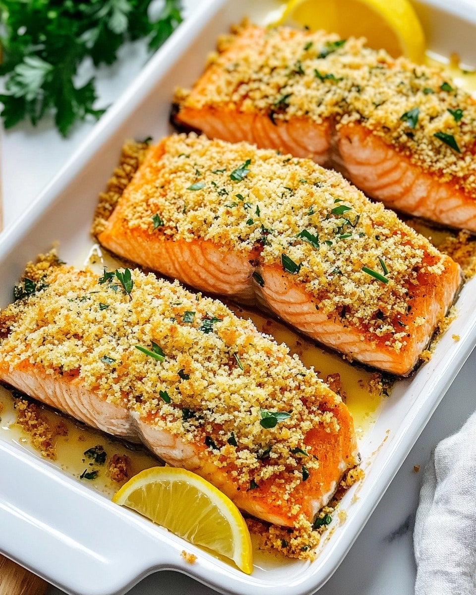 A close-up view of a thick piece of cooked salmon with a golden crumb topping made of breadcrumbs and green herbs, sitting on a white plate with light grooves. The salmon has a soft pink inside that is exposed where a fork is lifting a small piece. The crumb layer on top is crispy and light yellow with green herb flecks. On the side of the plate are a fresh green parsley leaf and a bright yellow lemon wedge, all placed on a white marbled surface. photo taken with an iphone --ar 4:5 --v 6.1