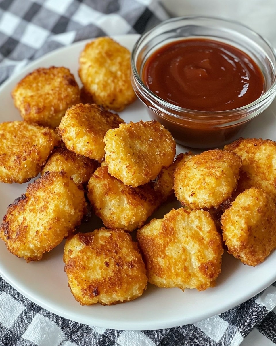 A white plate filled with many golden brown, small, oval-shaped nuggets with a slightly crispy texture and spots of darker browning. In the upper right corner, a small clear glass bowl holds smooth dark brown sauce with one nugget partially dipped in it. The plate sits on a black and white checkered cloth, and the background shows a white marbled texture. Photo taken with an iphone --ar 4:5 --v 6.1
