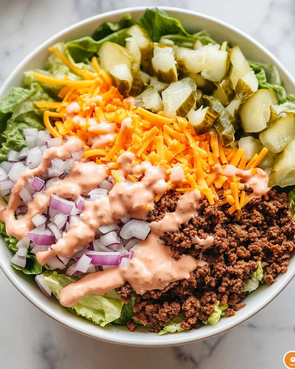 A white bowl holds a layered taco salad, starting with a base of light green shredded iceberg lettuce covering the entire bottom. On top, there is a thick row of cooked ground beef, dark brown with a crumbly texture, placed roughly in the middle. To the right of the beef is a pile of bright orange shredded cheddar cheese. Next to the cheese, there are small chunks of light green pickles mixed with the lettuce base. Diced white onions are scattered on top of the lettuce, mainly above the beef. A creamy light pinkish-orange sauce is drizzled evenly across all layers. A silver fork rests inside the bowl on the left edge. The bowl sits on a white marbled surface with a textured brown cloth near the top part of the frame. Photo taken with an iphone --ar 4:5 --v 6.1