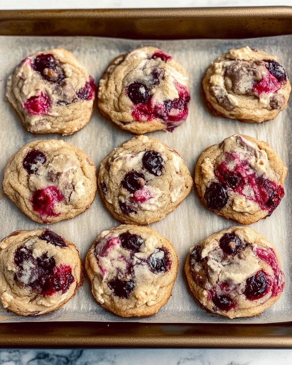 The image shows a baking tray lined with light brown parchment paper holding nine round, dome-shaped cookies. Each cookie has a soft, uneven texture with specks of dark chocolate chunks embedded on top and throughout. The dough has a light cream color mixed with bright red berry bits, giving the cookies a marbled look of cream and red. The tray s metal edges are visible, and the whole scene rests on a white marbled surface. photo taken with an iphone --ar 4:5 --v 6.1